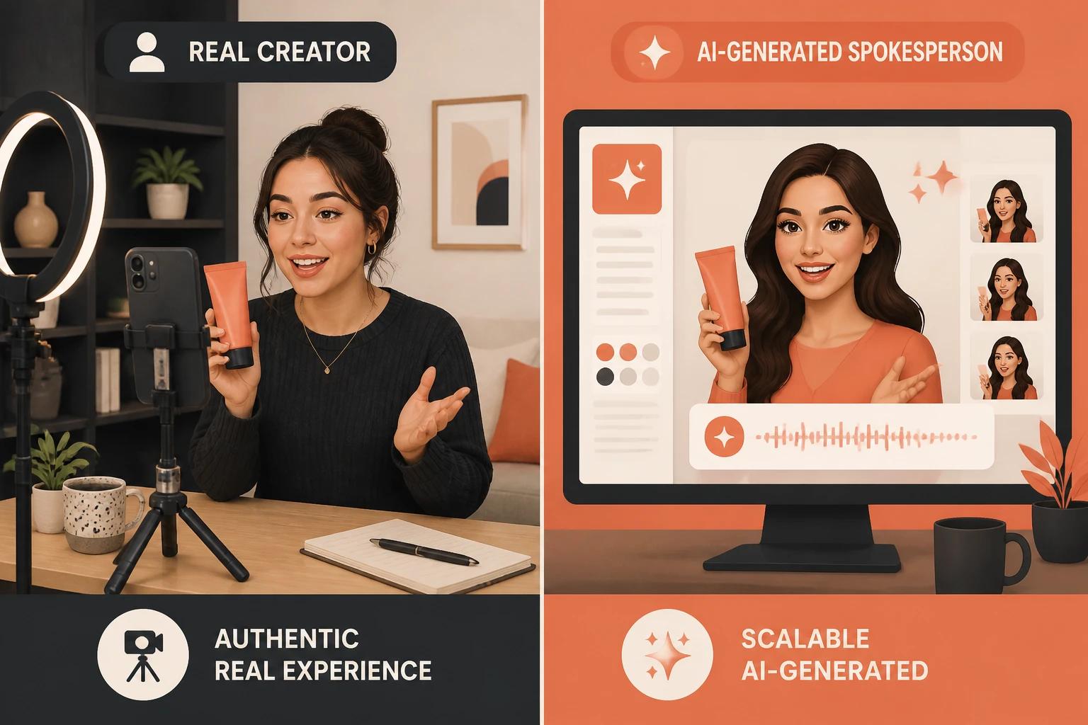 Split-frame comparing a human creator filming a selfie ad with an AI avatar generating the same ad