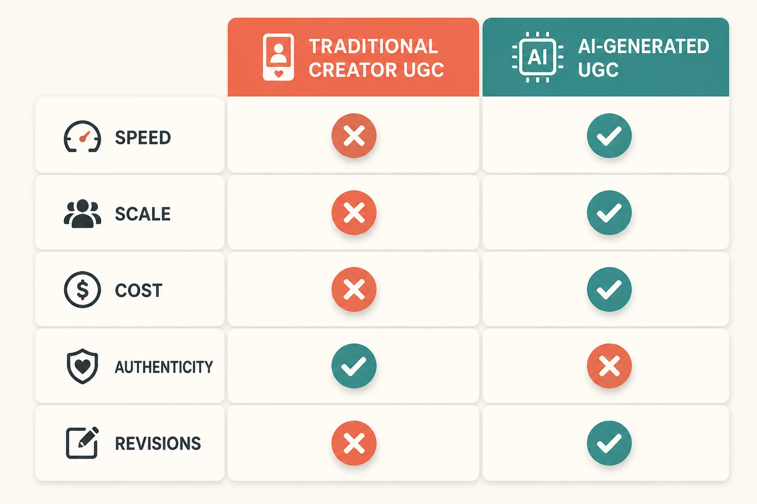 Comparison matrix of traditional creator UGC versus AI generated UGC across speed, scale, cost, and authenticity