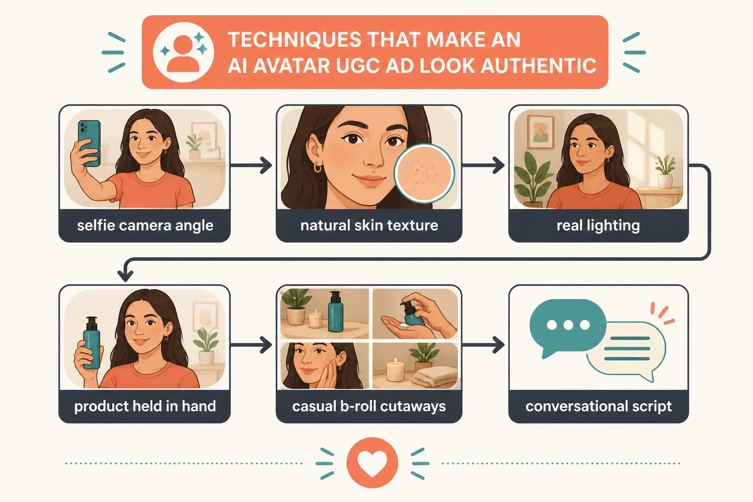 Workflow of realism techniques: selfie angle, natural skin texture, real lighting, product in hand, b-roll, conversational script