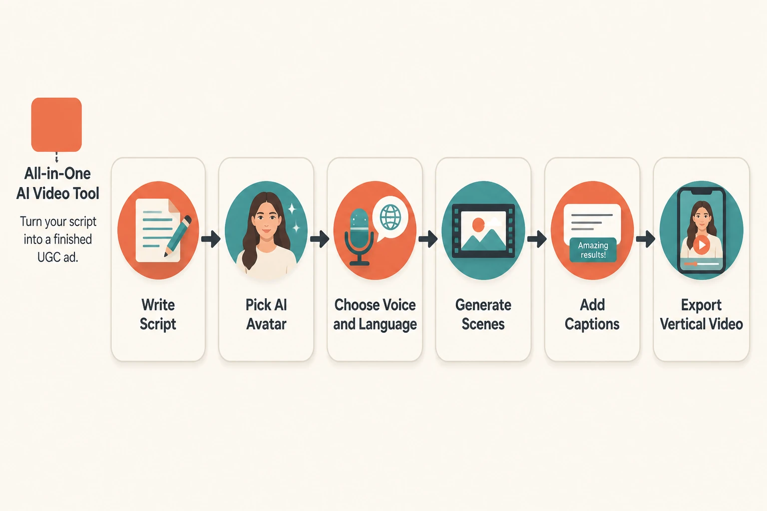Lumigen UGC workflow: write script, pick avatar, choose voice, generate scenes, add captions, export