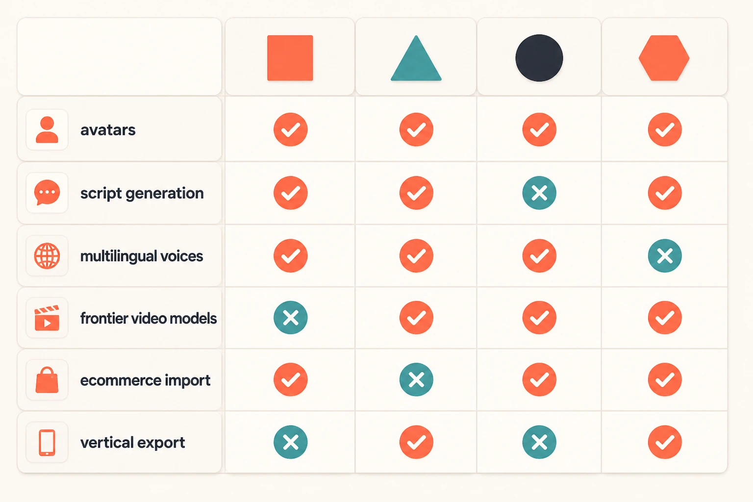Feature presence matrix comparing AI UGC ad tools across avatars, script generation, multilingual voices, frontier models, and export