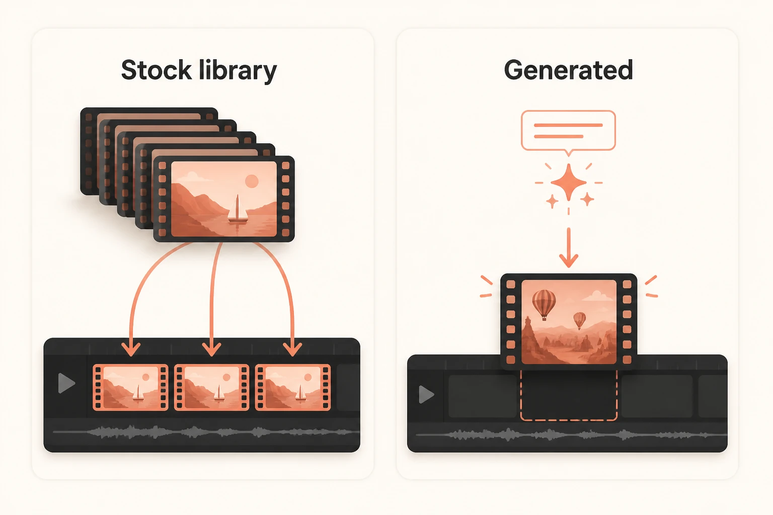 Diagram contrasting stock-library b-roll matching versus prompt-based AI footage generation
