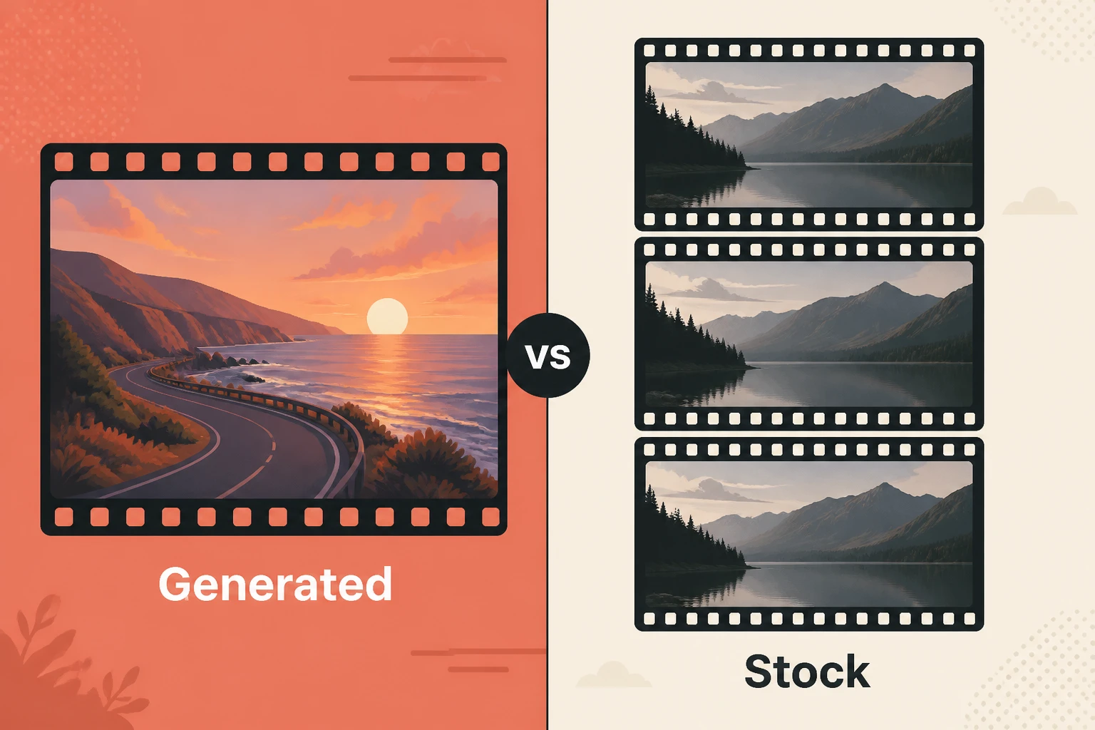 Split-frame comparing a freshly generated cinematic clip against a recycled stock clip