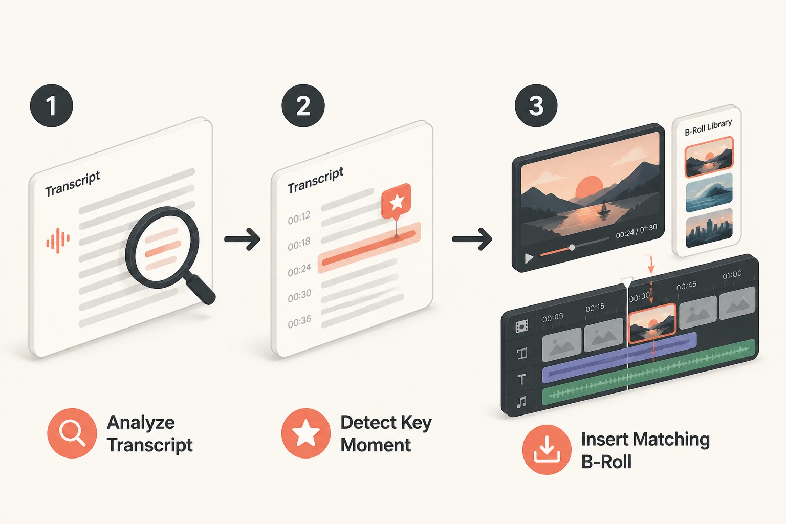 Workflow diagram of transcript analysis detecting a moment and inserting matching b-roll