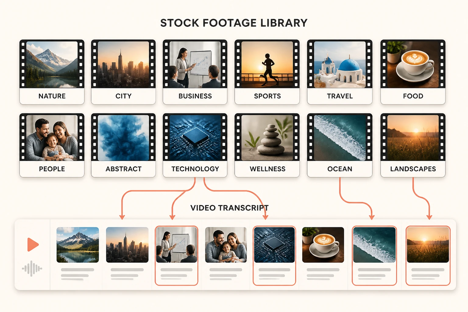 Infographic of a stock footage library matching clips to a video transcript