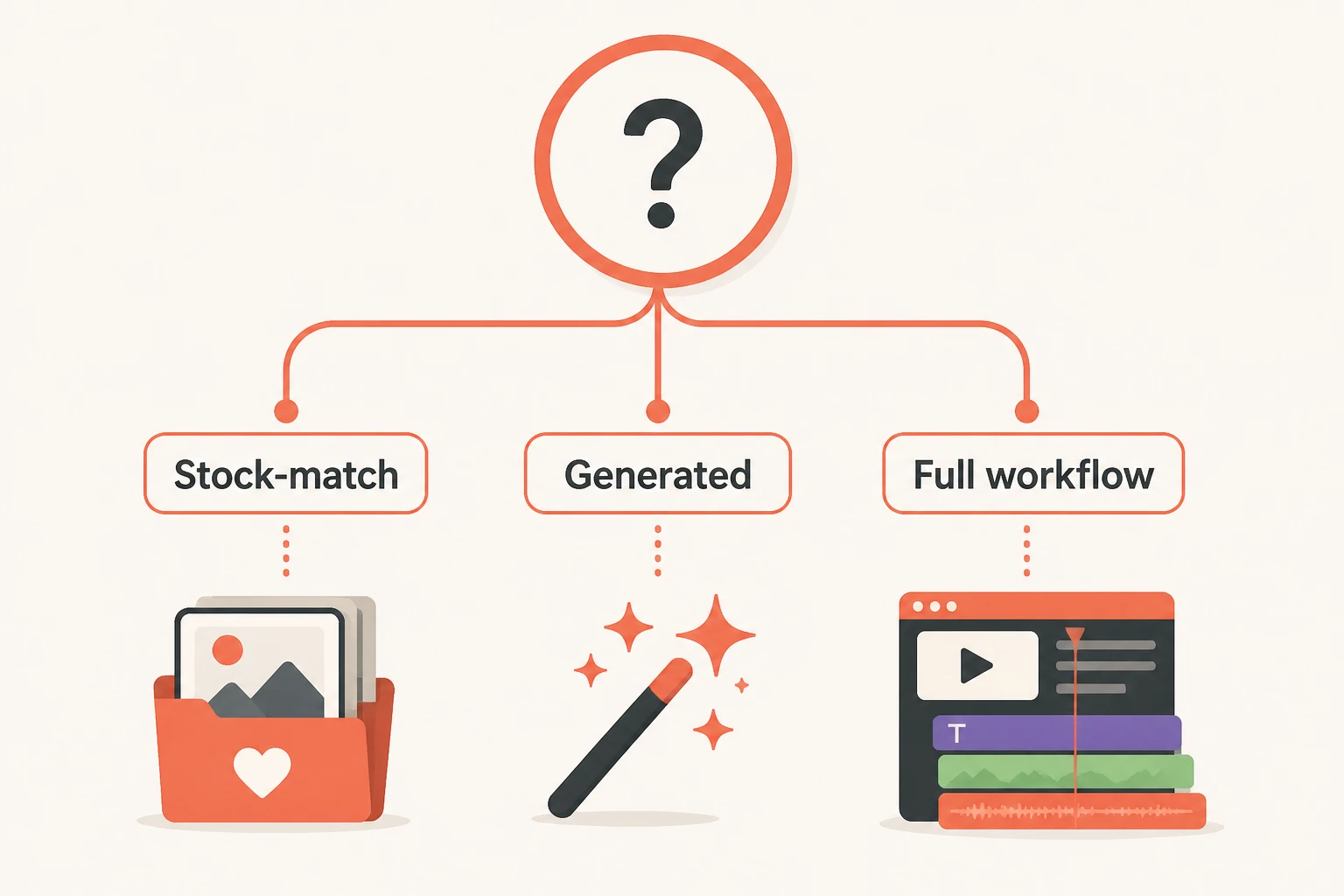Decision tree contrasting stock-match, generated, and full-workflow b-roll paths