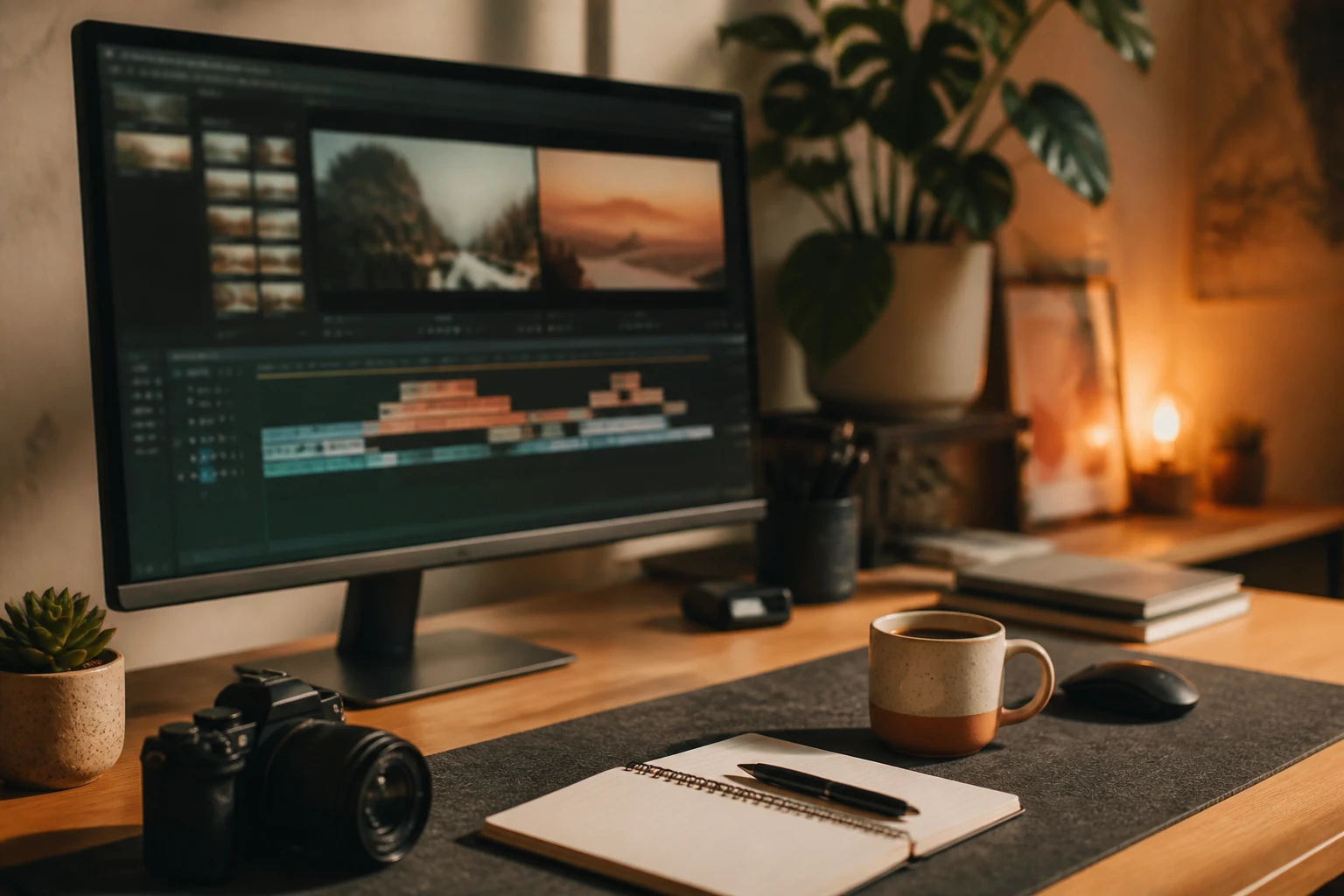 Editorial shot of a creator workspace with a video timeline and generated footage