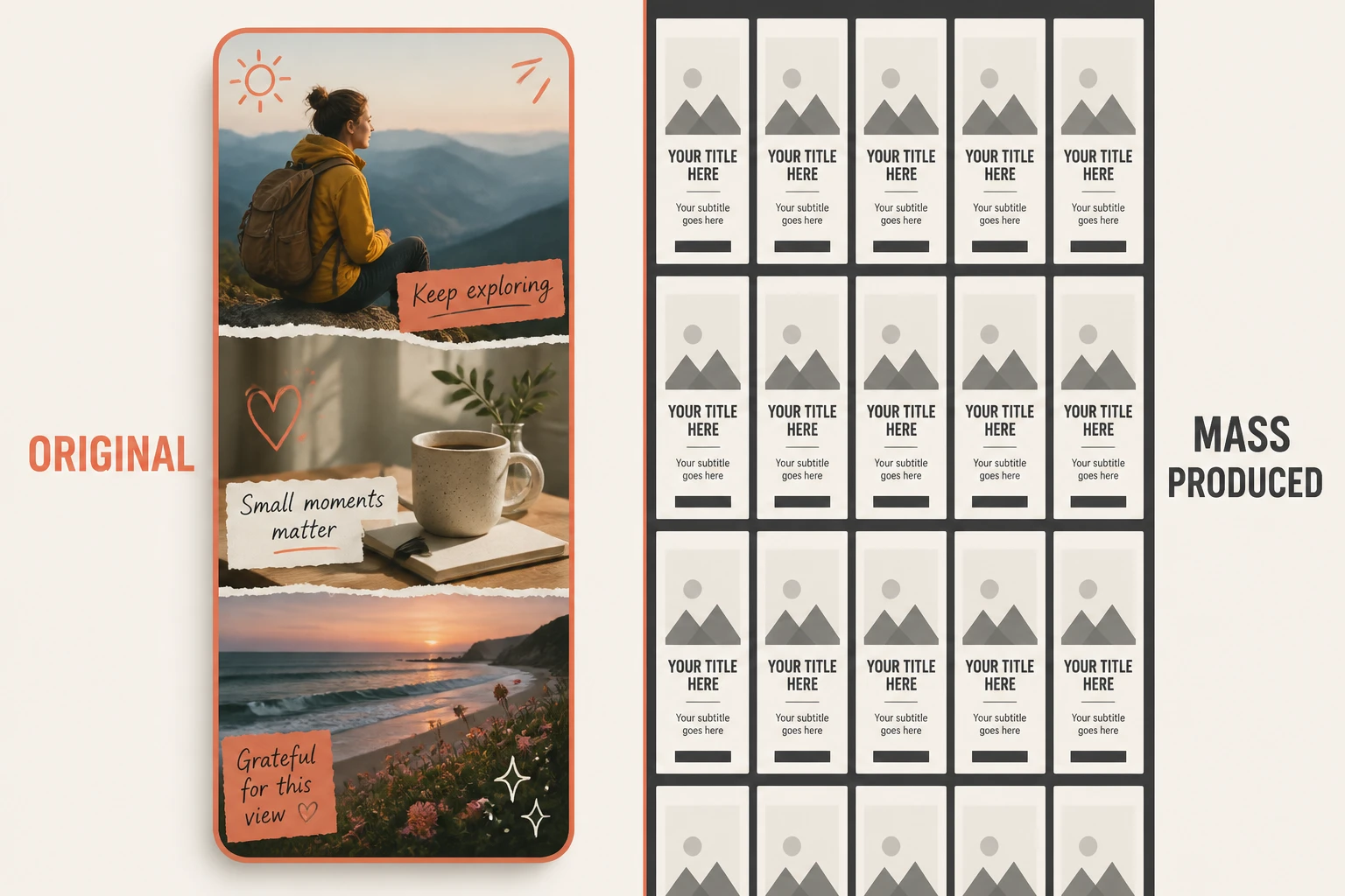 original varied video versus a grid of identical mass-produced templates