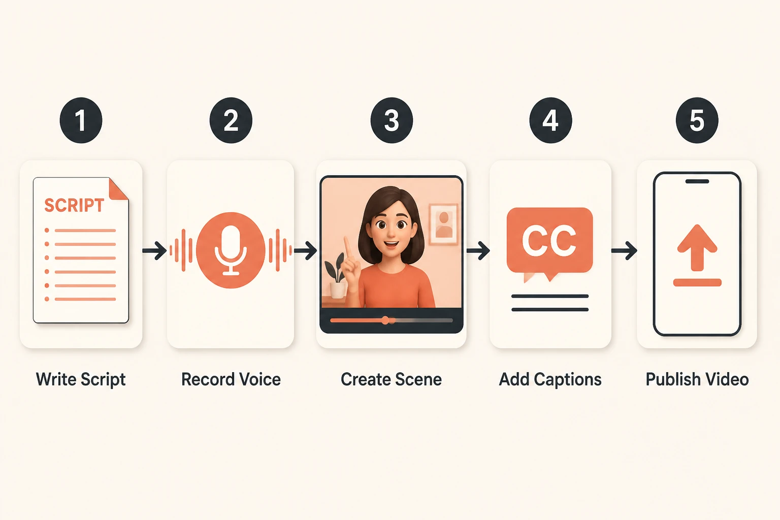 five-step workflow: script, voice, scene, captions, publish