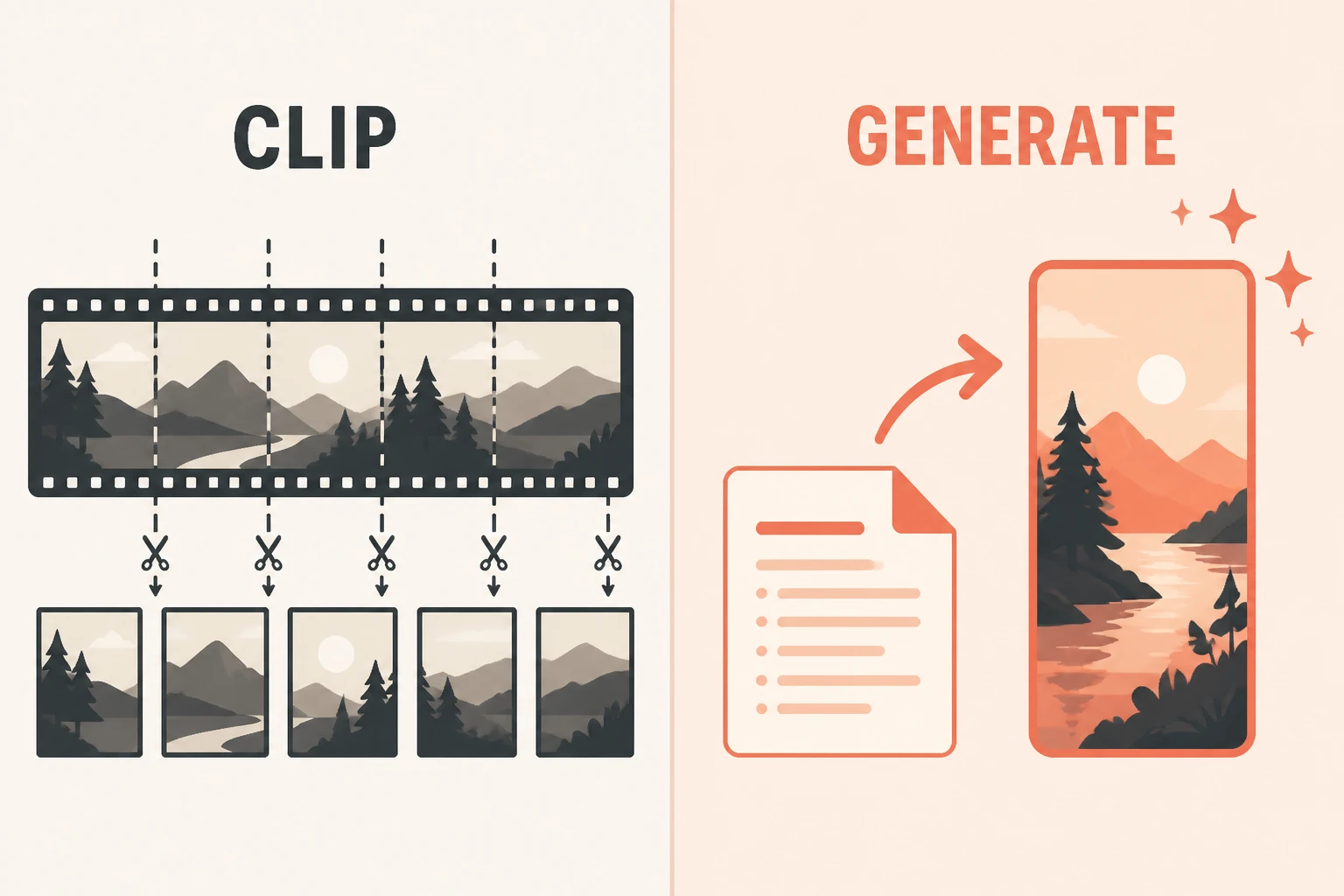 split-frame comparison of clipping existing footage versus generating original short-form video