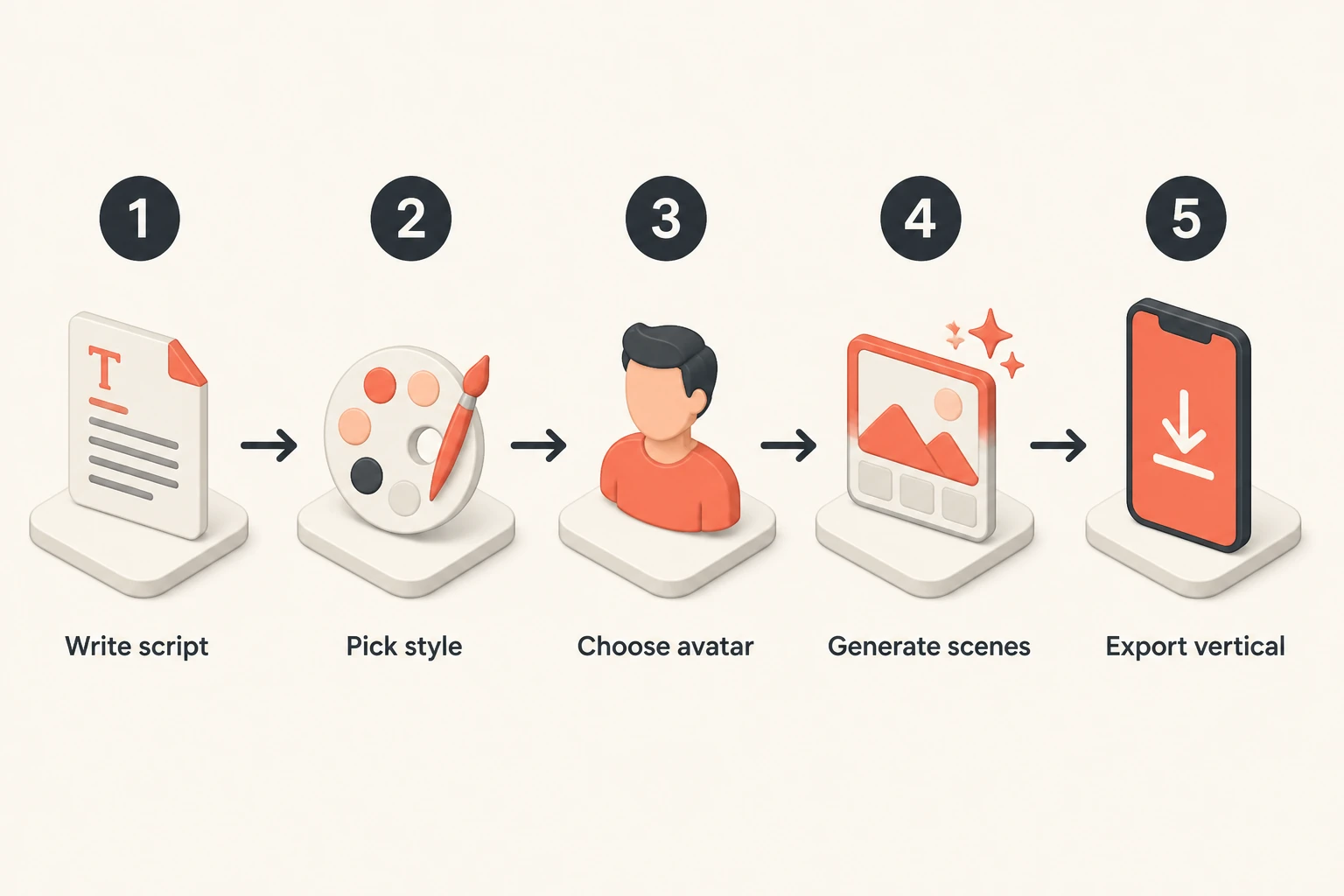 workflow diagram of generating an original short-form video from a script in five steps