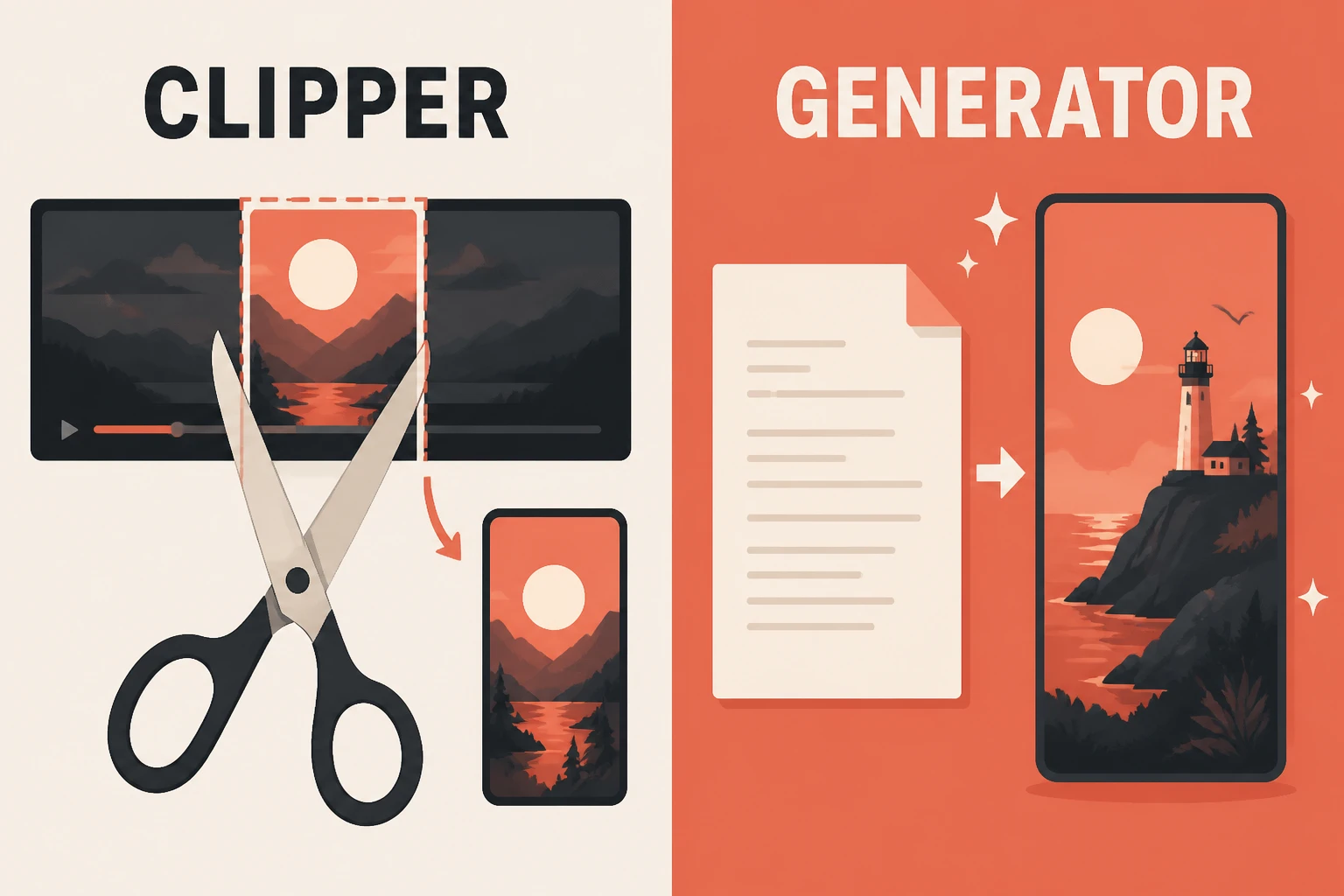 split-frame showing a clipper reframing long footage versus a generator building a short from a script