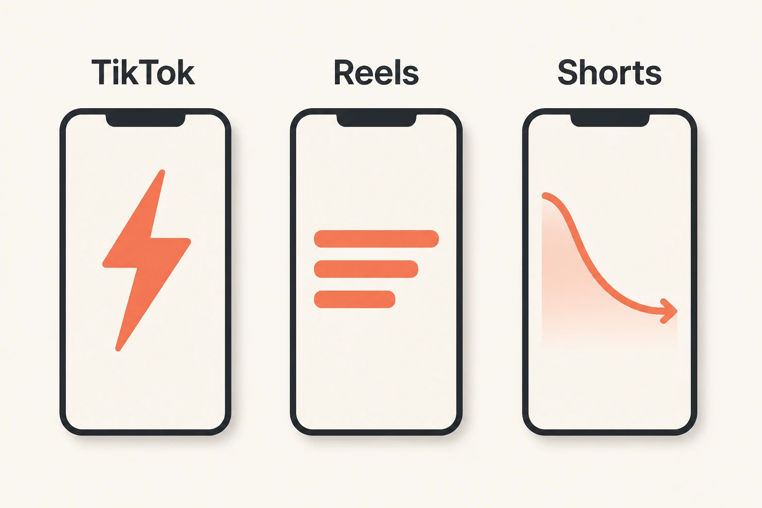 infographic of three vertical phone frames labeled TikTok, Reels, and Shorts with format cues