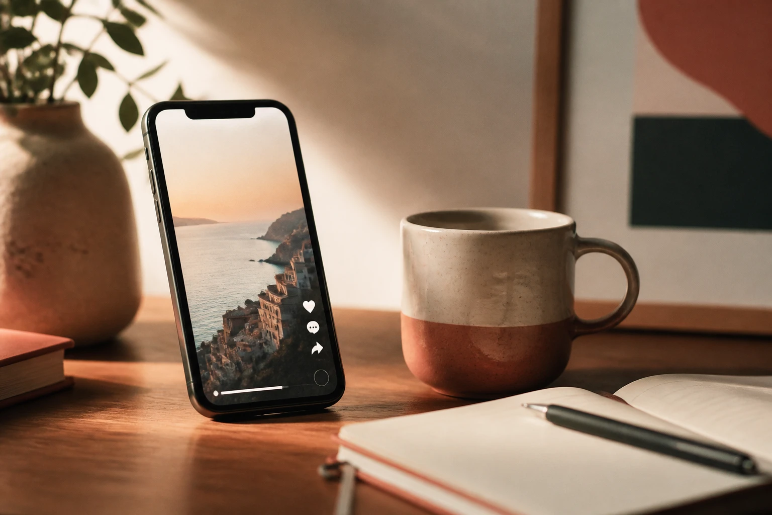 narrative image of a phone on a desk showing a vertical video in a warm creator workspace