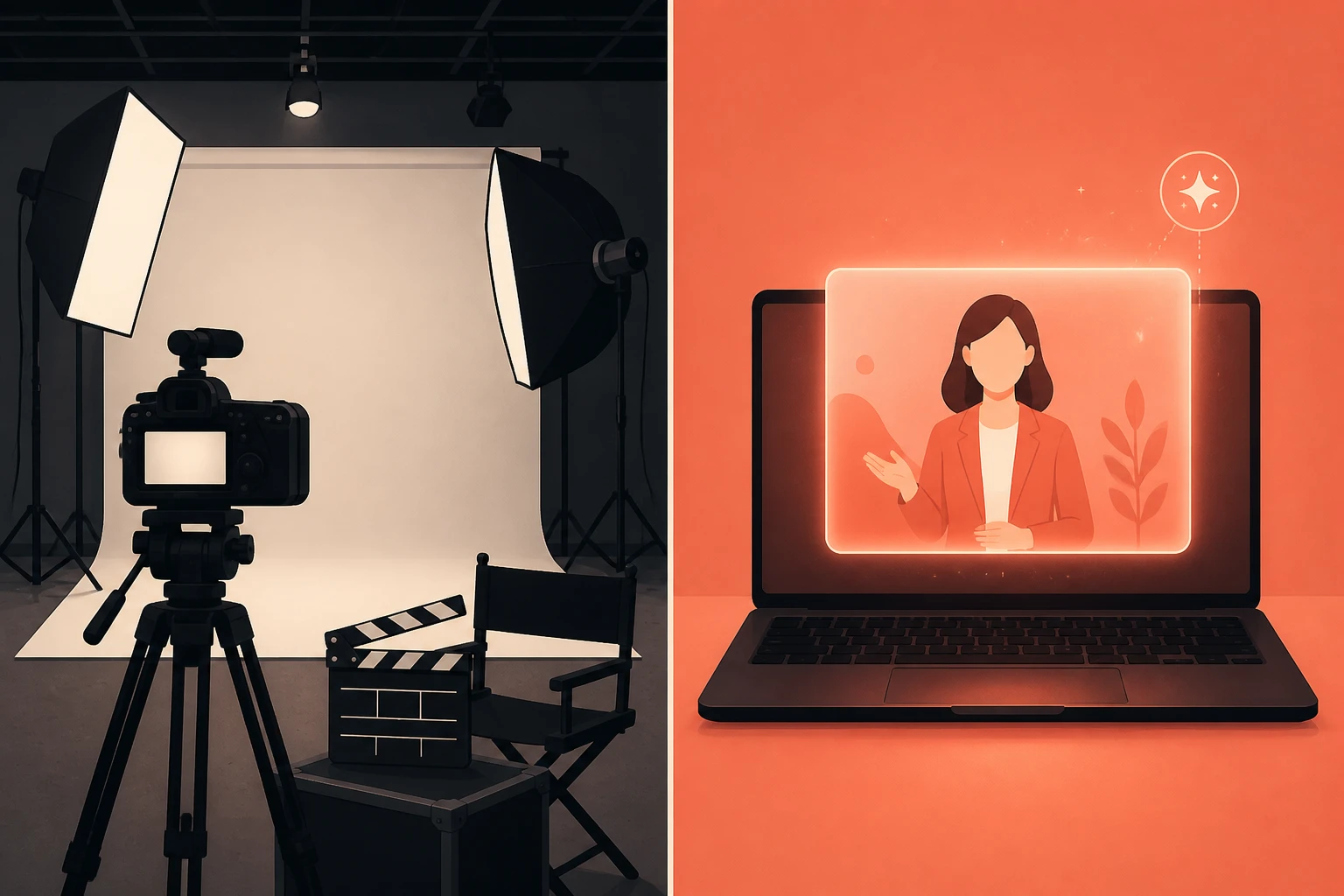 Split-frame comparing a traditional studio spokesperson shoot with an AI spokesperson generator workflow