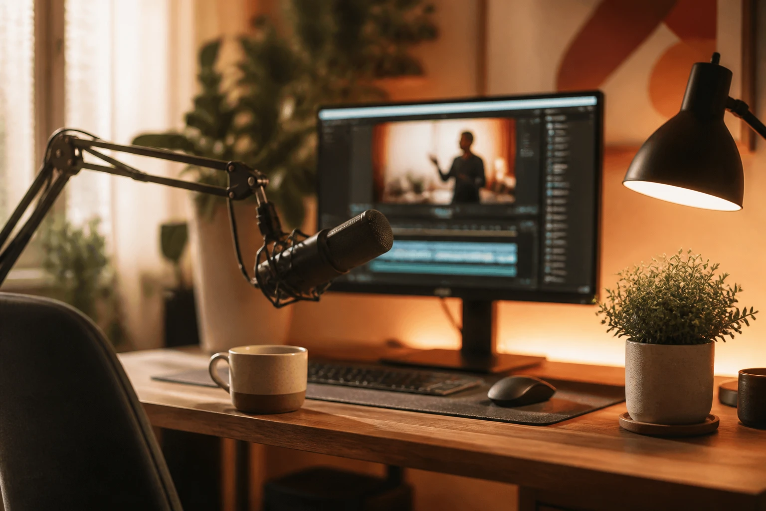 AI spokesperson at work in a modern creator studio environment