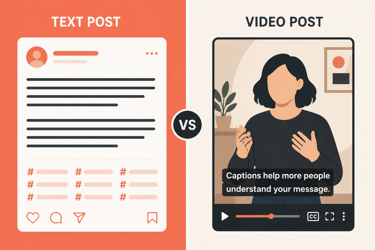 Split-frame showing post-caption text writing versus on-screen subtitle generation