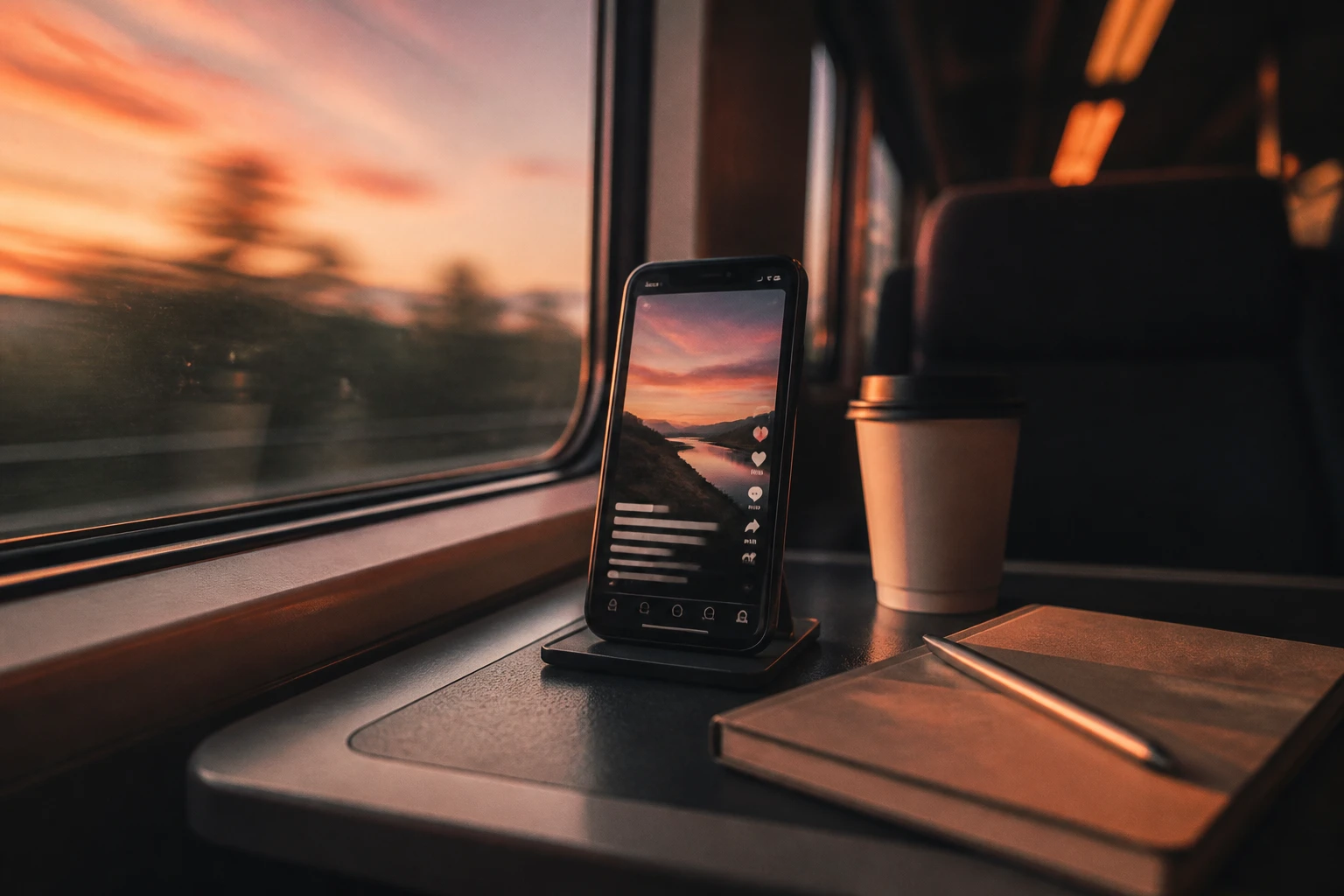 A phone on a commuter train playing a captioned vertical video with sound off