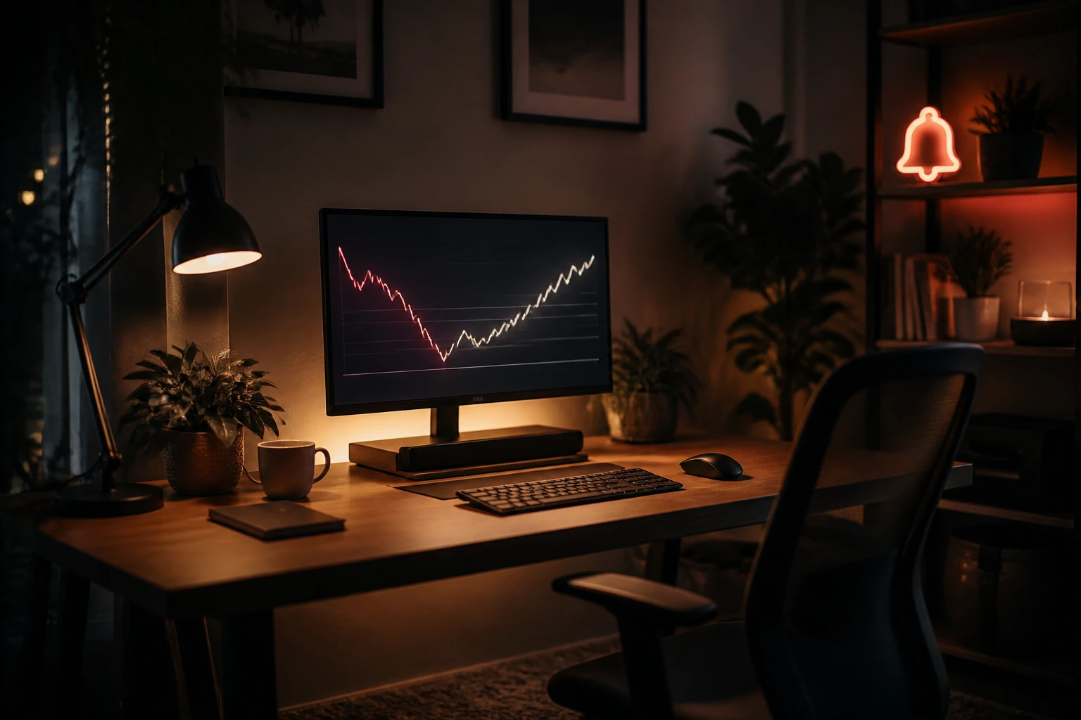 Dim creator workspace at night with a glowing edit timeline