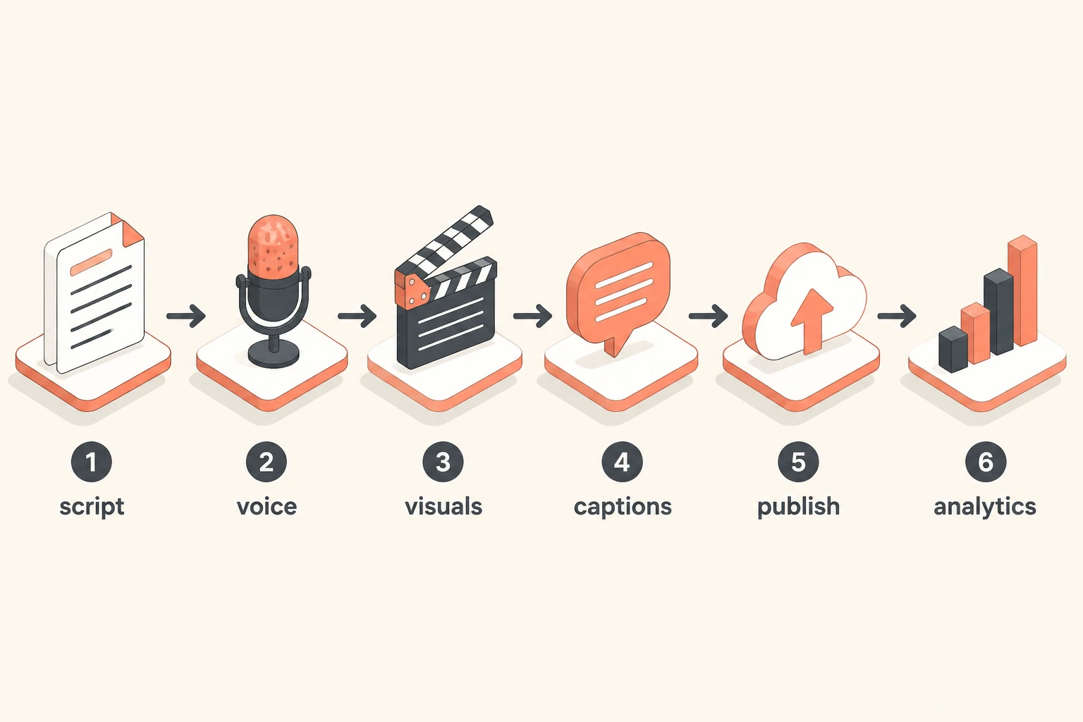 Six-step faceless video production workflow diagram