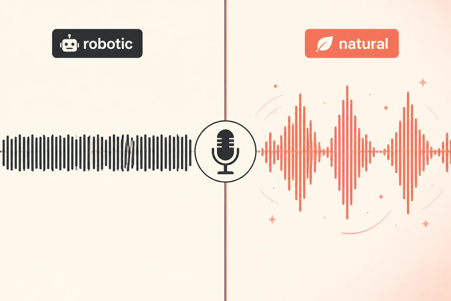 Split-frame: flat robotic waveform versus natural voice waveform