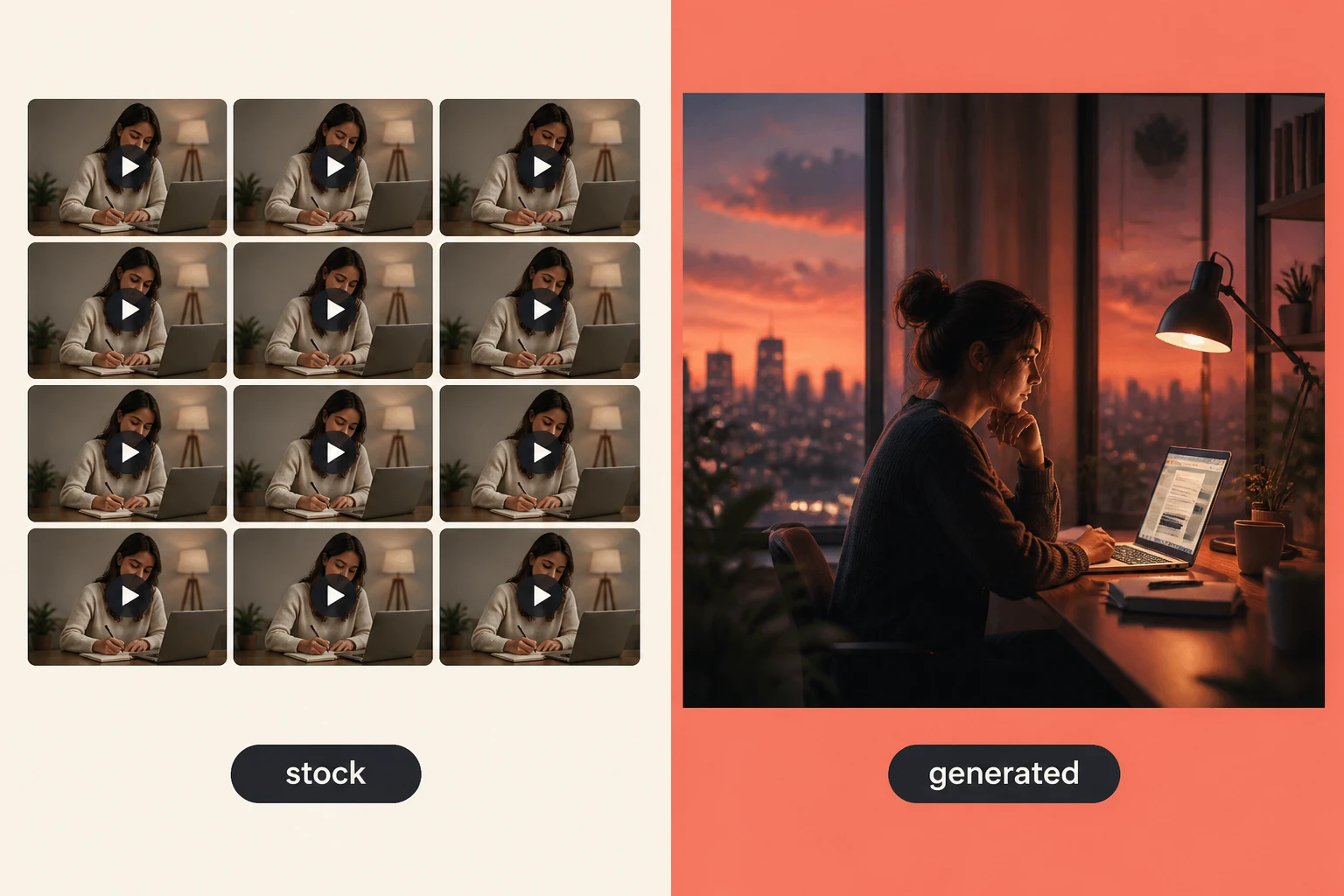 Split-frame: shared stock montage versus original generated footage