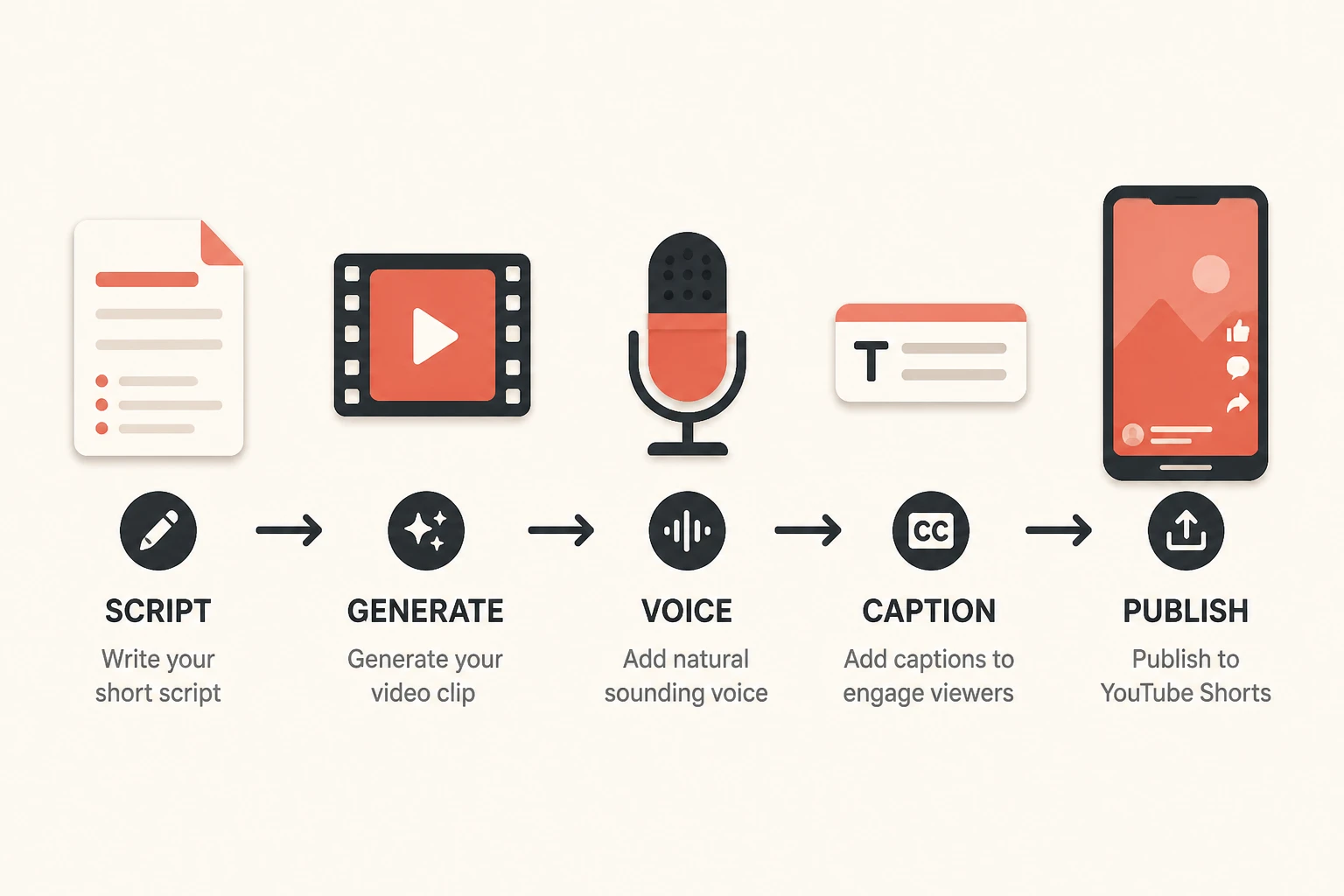Five-stage Shorts pipeline: script, generate, voice, caption, publish