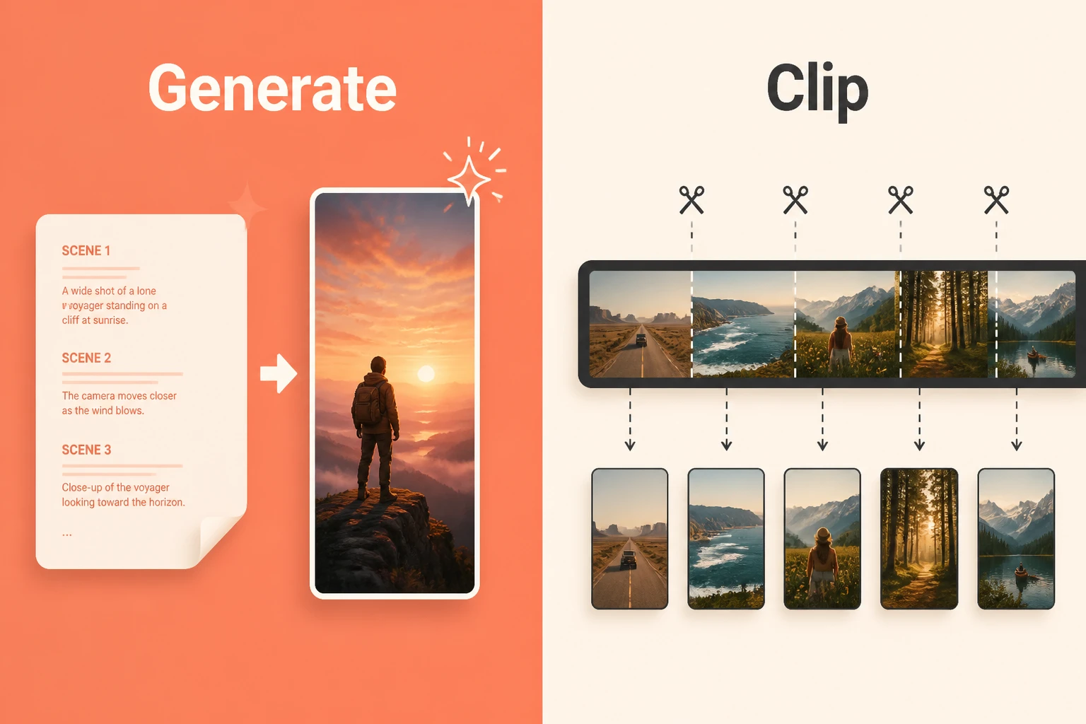Split-frame: original generation on the left, clip extraction on the right