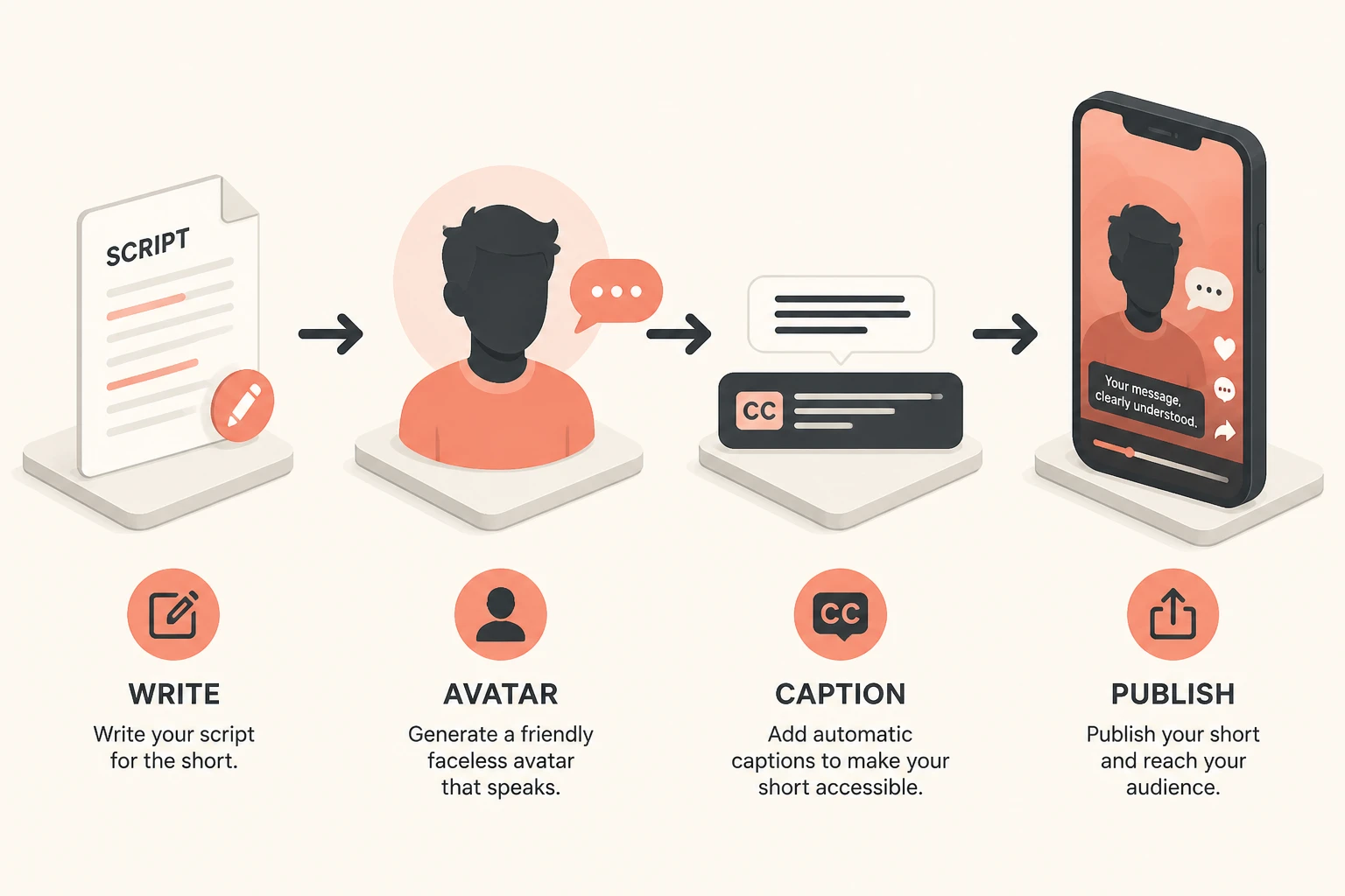 Faceless avatar Short workflow: write, avatar, caption, publish