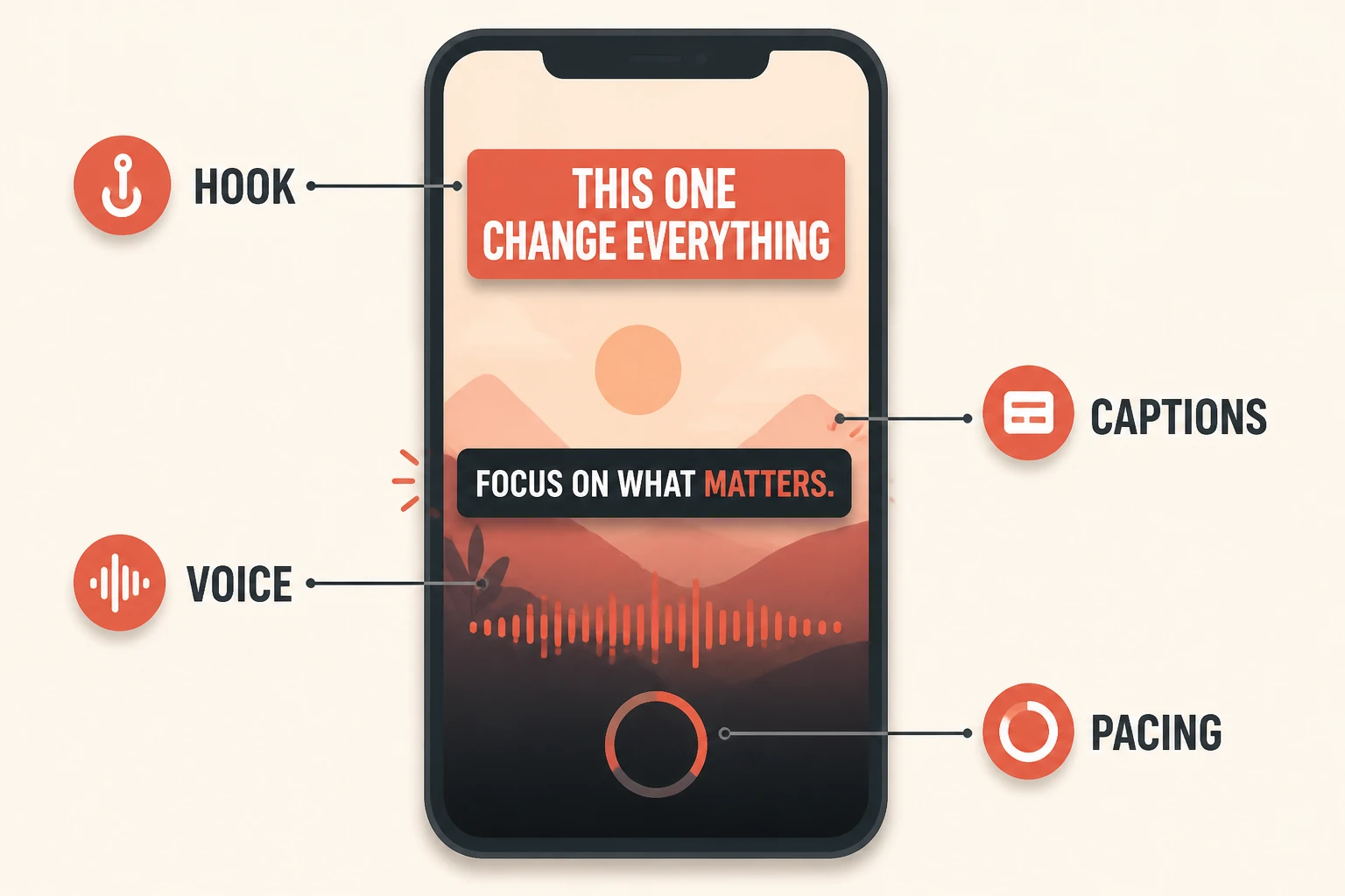 Retention elements of a Short: hook, captions, voice, pacing on a vertical phone frame
