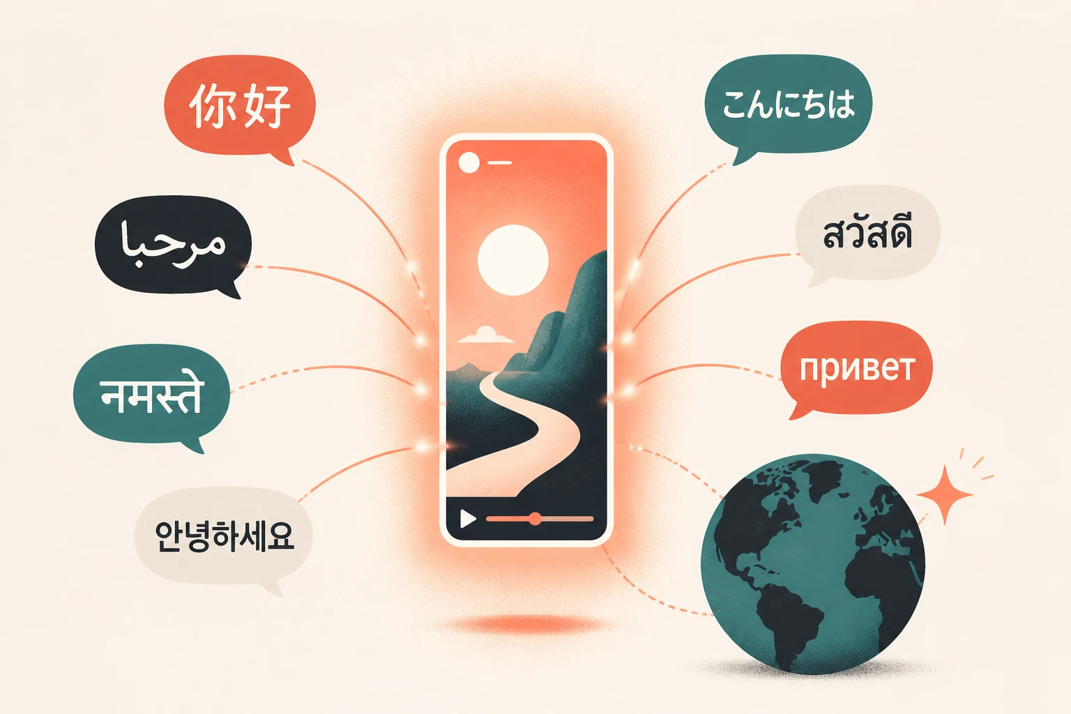 One vertical Short radiating out to multiple language speech bubbles and a globe