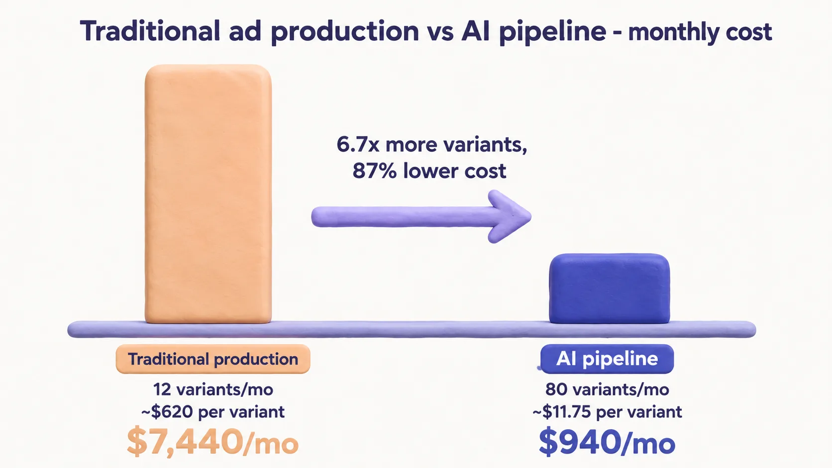 Bar chart visualization comparing 12-variant traditional production cost vs 80-variant AI pipeline cost