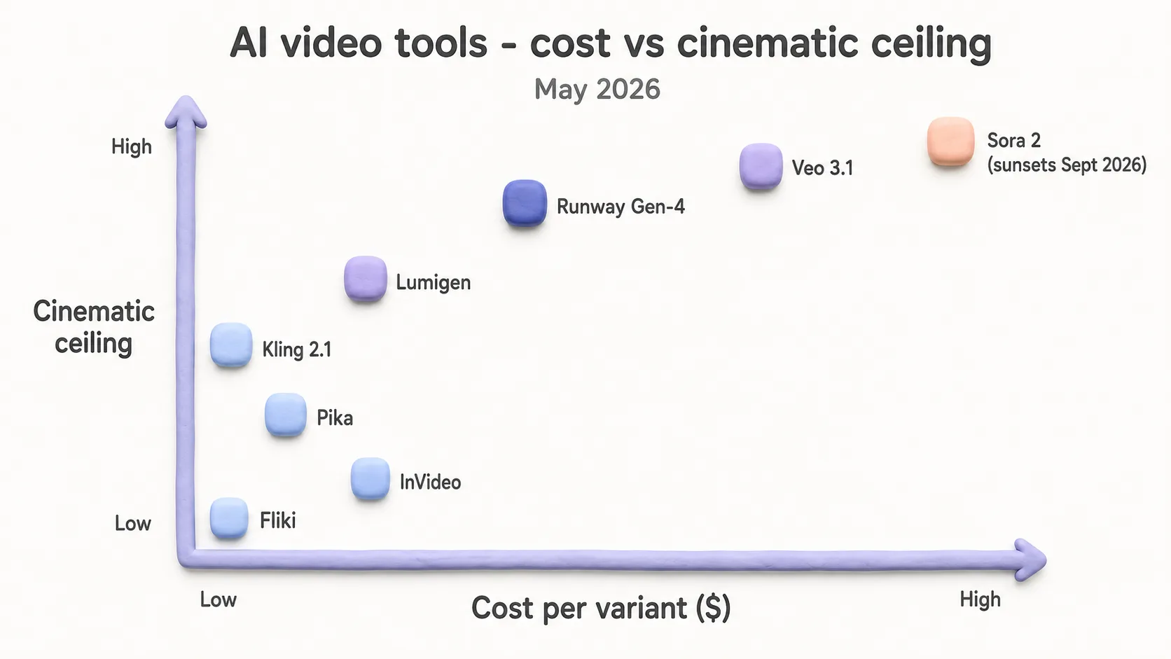 Visualization comparing eight AI video tools by cost and cinematic ceiling