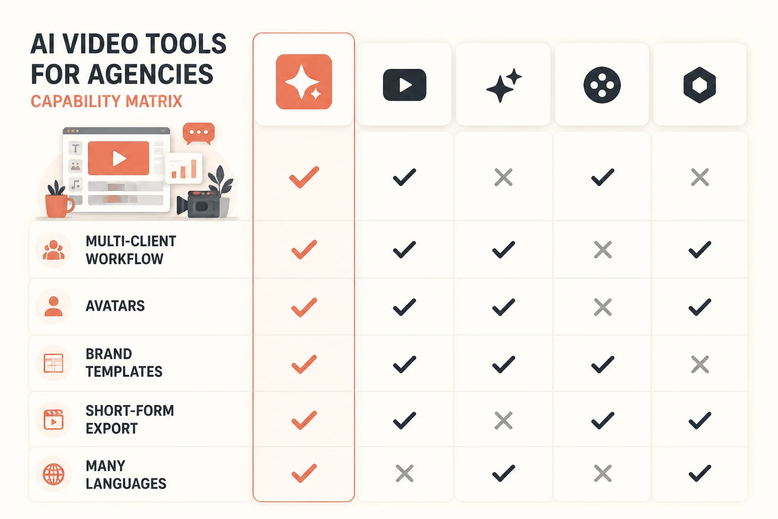 capability matrix of agency AI video tools across multi-client workflow, avatars, brand templates, short-form export, languages