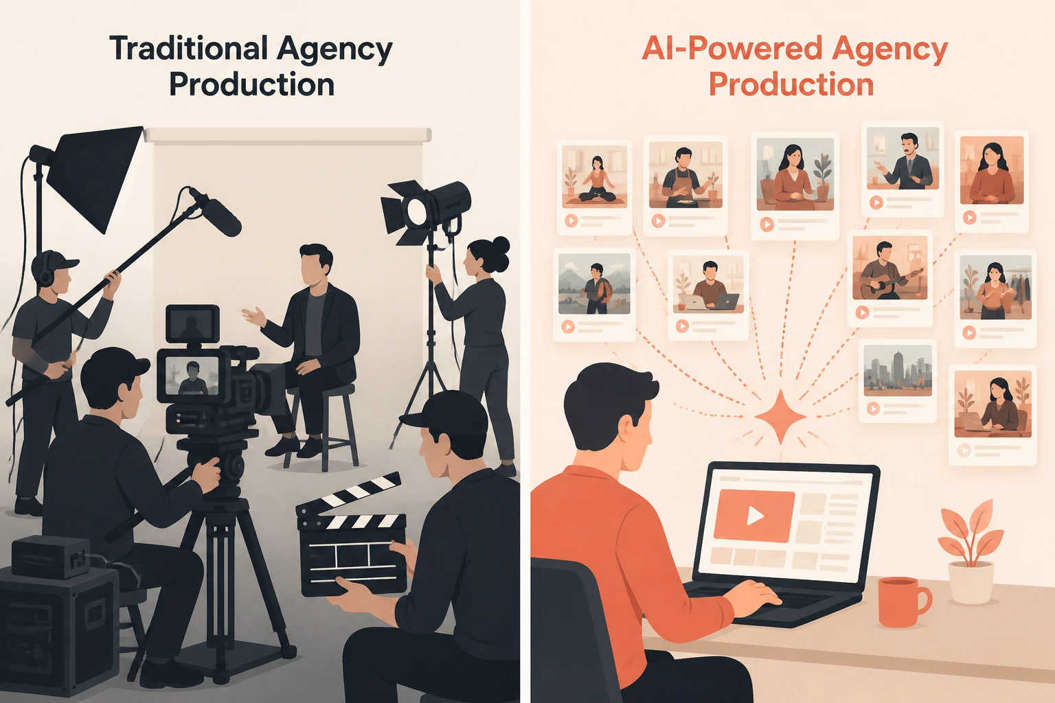 split-frame: traditional agency production crew versus one operator generating client videos on a laptop