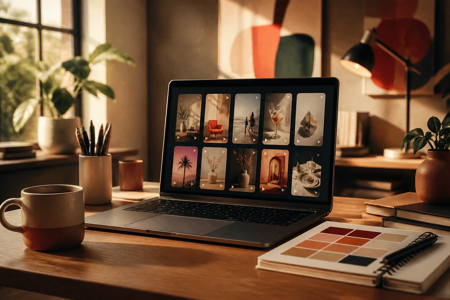 agency workspace with a laptop showing a grid of client videos and brand color swatches
