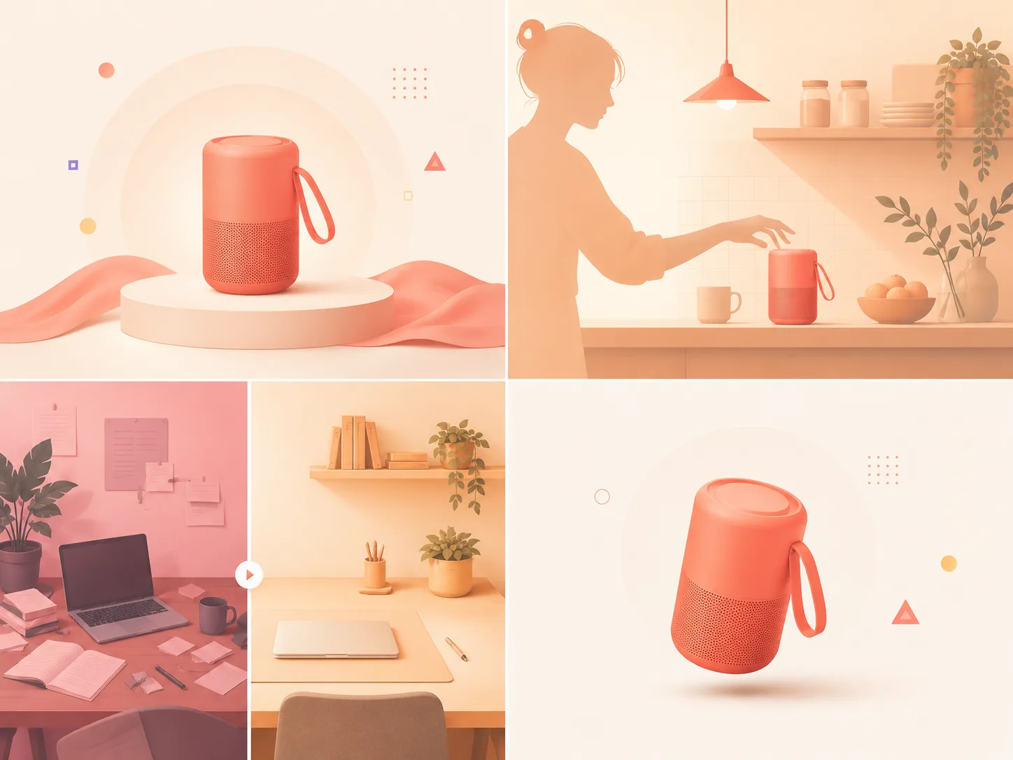 Four ad workflows from the prompts above — product reveal, UGC, split-screen, demo rotation