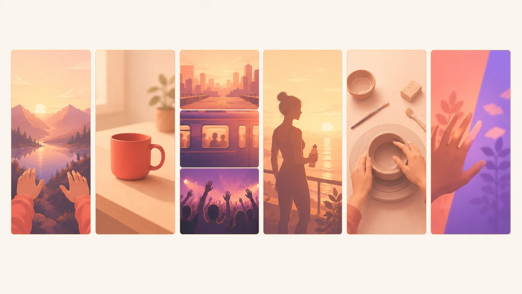 Six social-native frames in 9:16 — built for the first 1.5 seconds