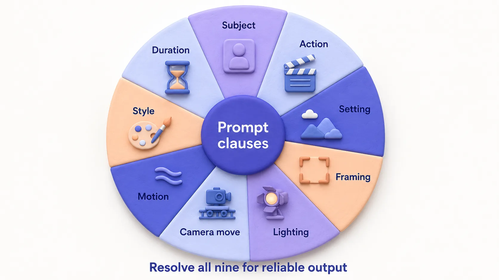Nine prompt clauses arranged as a wheel — every reliable shot resolves all of them