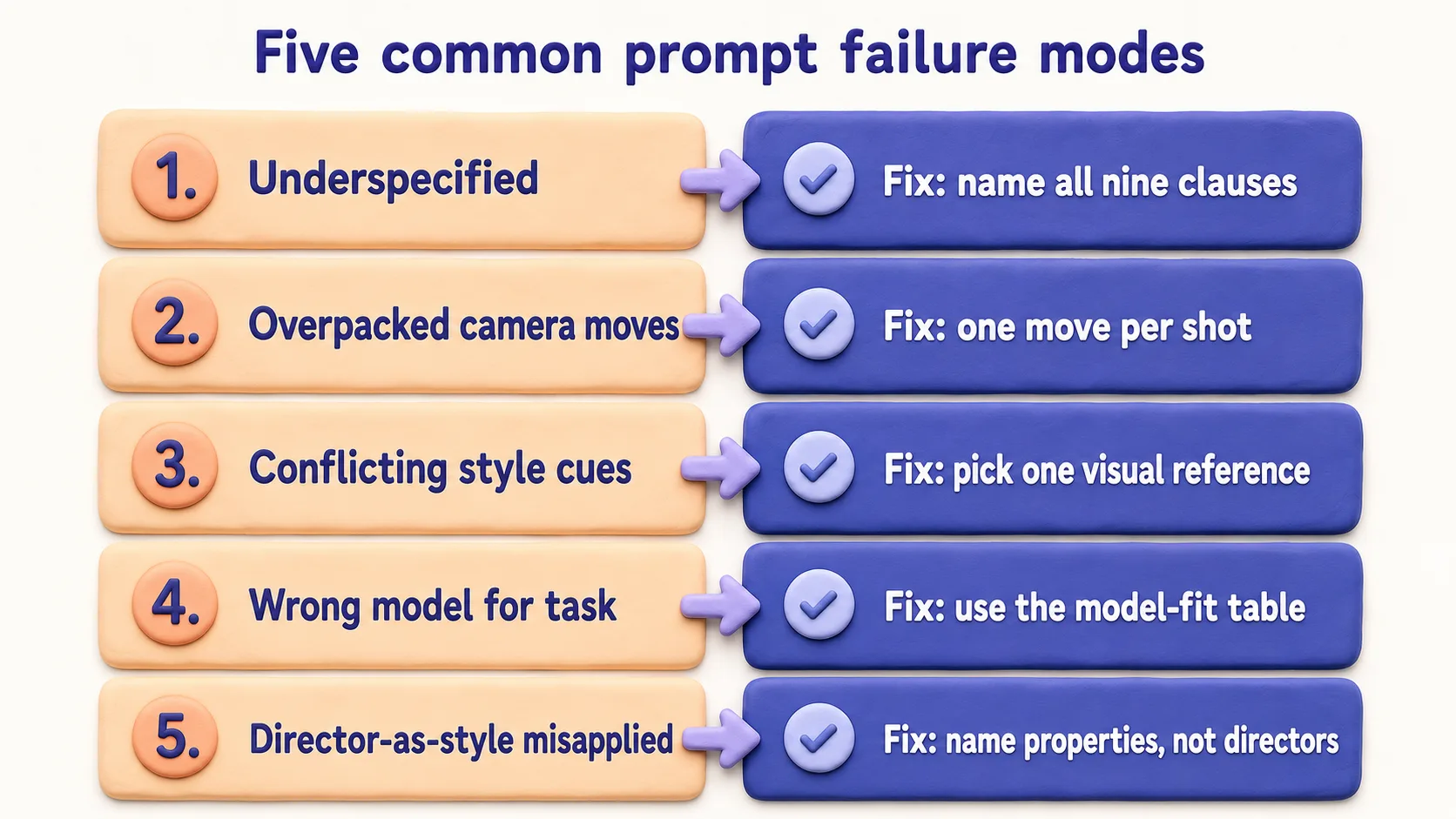 Five failure modes in one frame — each one fixable with a single clause change