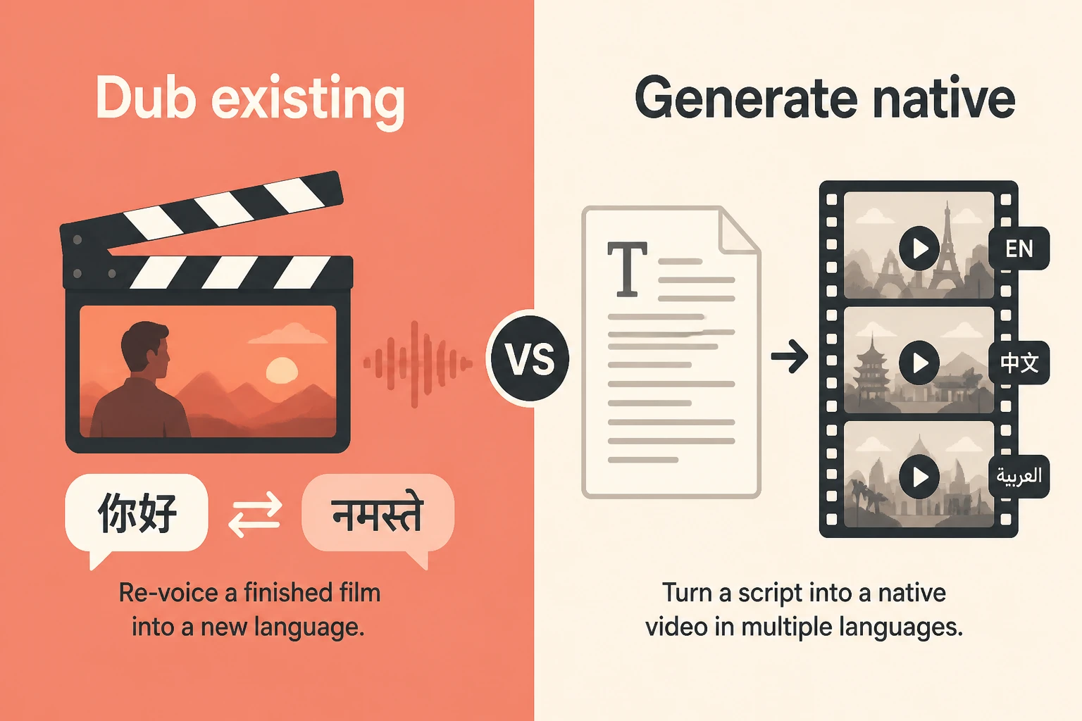 dub-existing versus generate-native split-frame