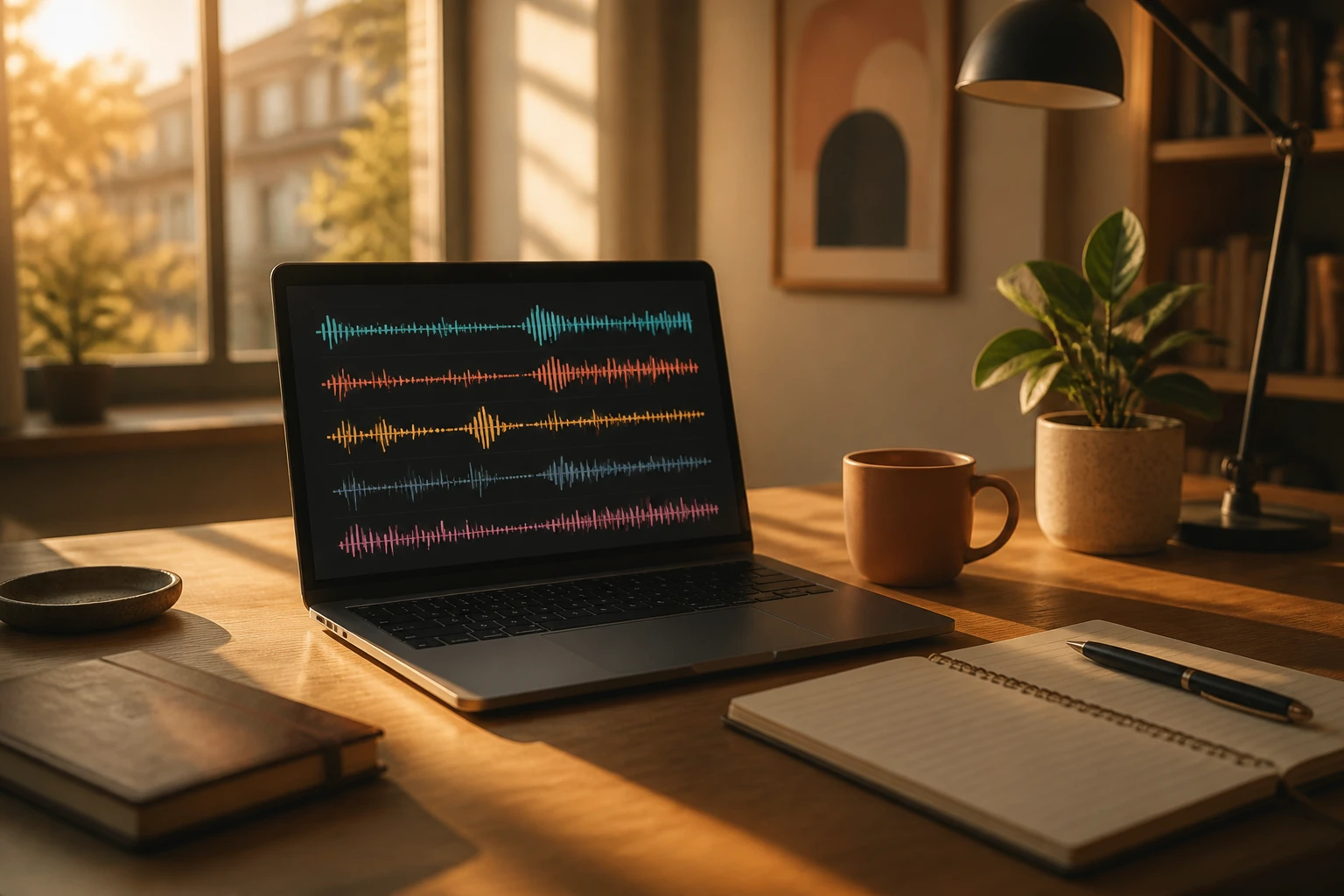 creator desk with multilingual audio waveforms