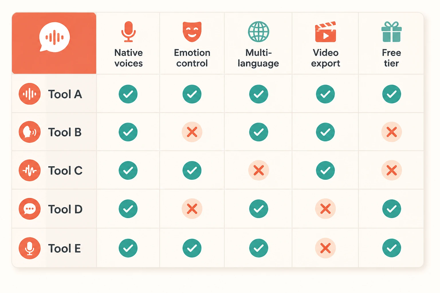 comparison matrix of AI voice tools with checkmarks across five capability columns