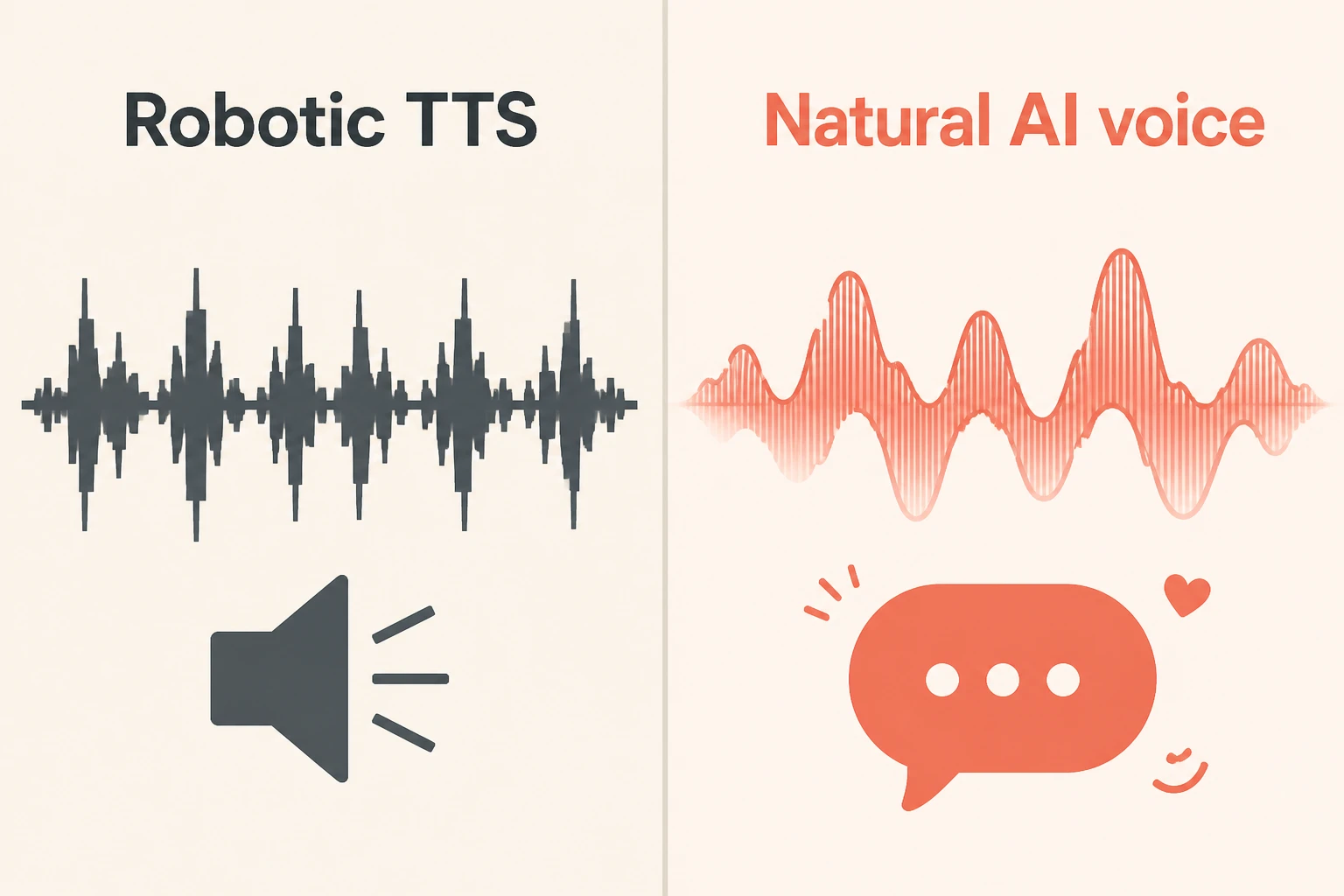 split-frame comparing a flat robotic waveform against a smooth expressive AI voice waveform
