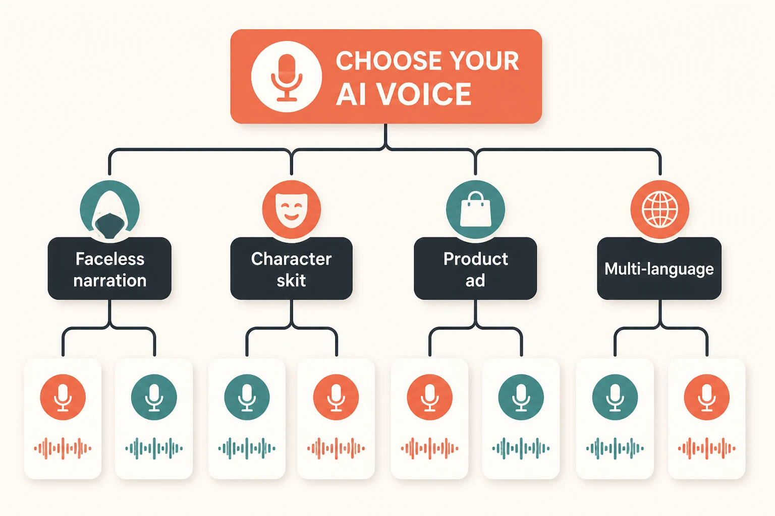 decision-tree infographic for choosing an AI voice by short-form use case
