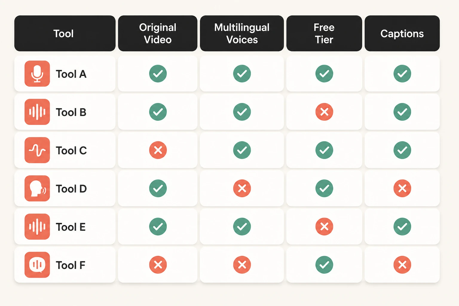 comparison table of nine AI voiceover tools with workflow, languages, and free-tier columns