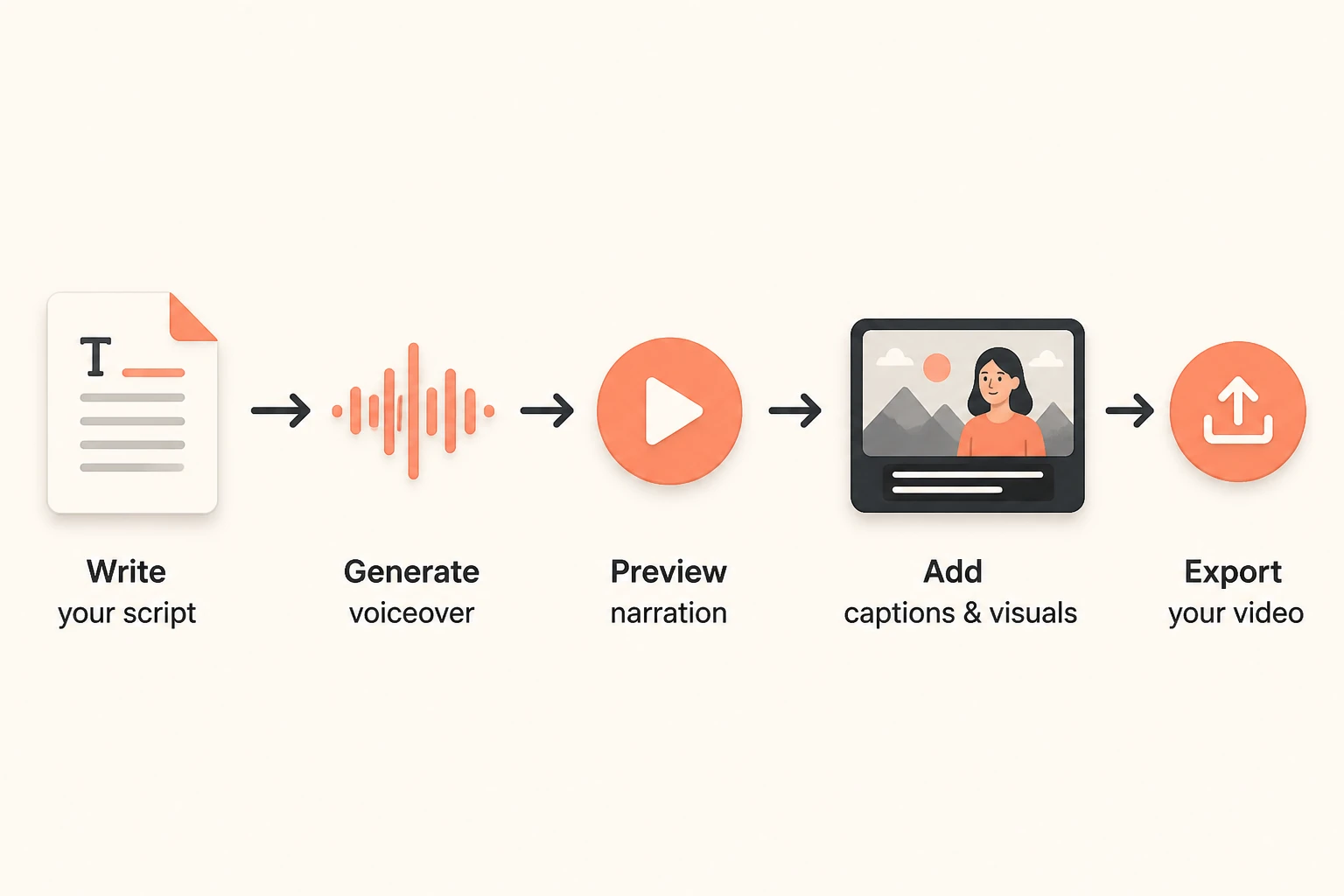 workflow diagram: paste script, pick voice, generate narration, add visuals, export