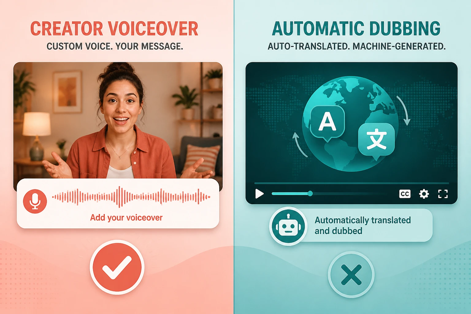 split-frame: your AI voiceover added to original video versus YouTube auto-dubbing on playback