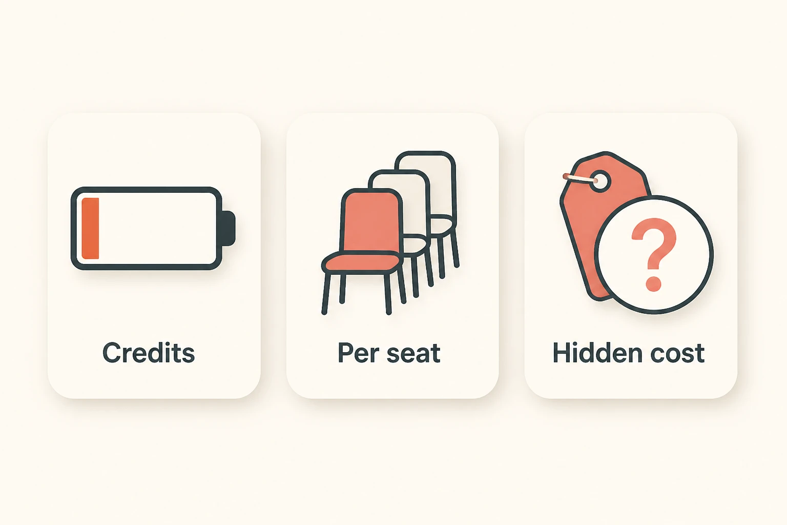 Icons representing Akool's pain points: a draining credit meter, stacked seats, and a hidden price tag
