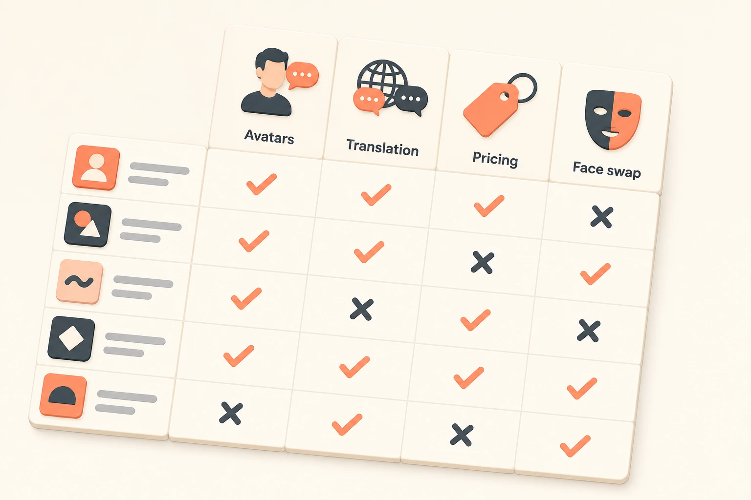 Capability matrix comparing Akool alternatives across avatars, translation, transparent pricing, and face swap